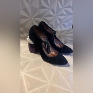 Dries Van Noten Black Velvet Heels with Pearl Detail